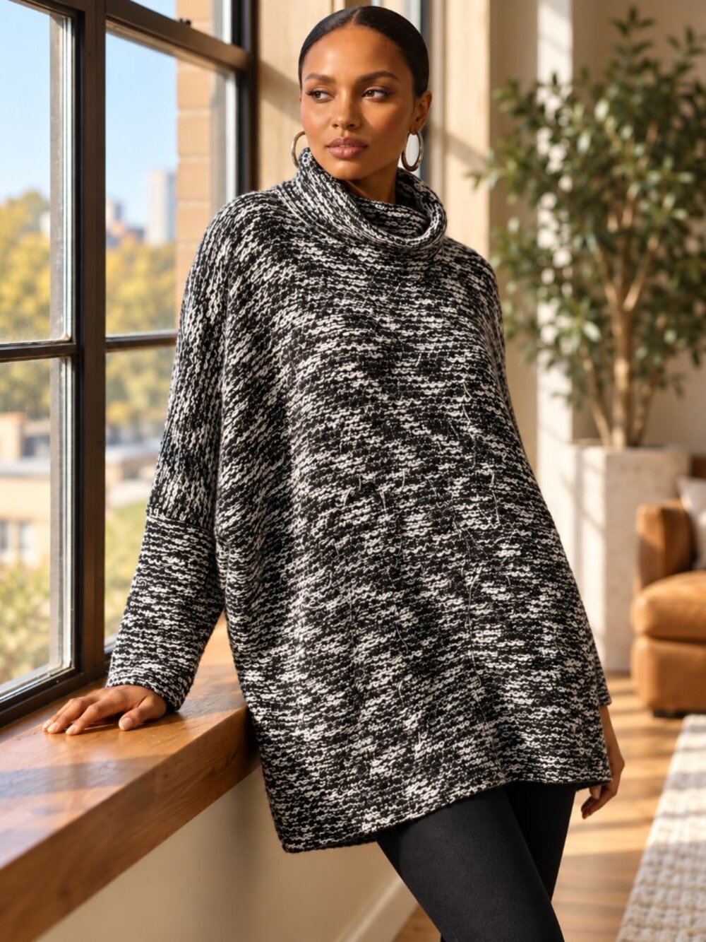 VINTAGE NATORI Fuzzy Wool Sweater 1X Mock Neck Black White Nylon Tunic Length